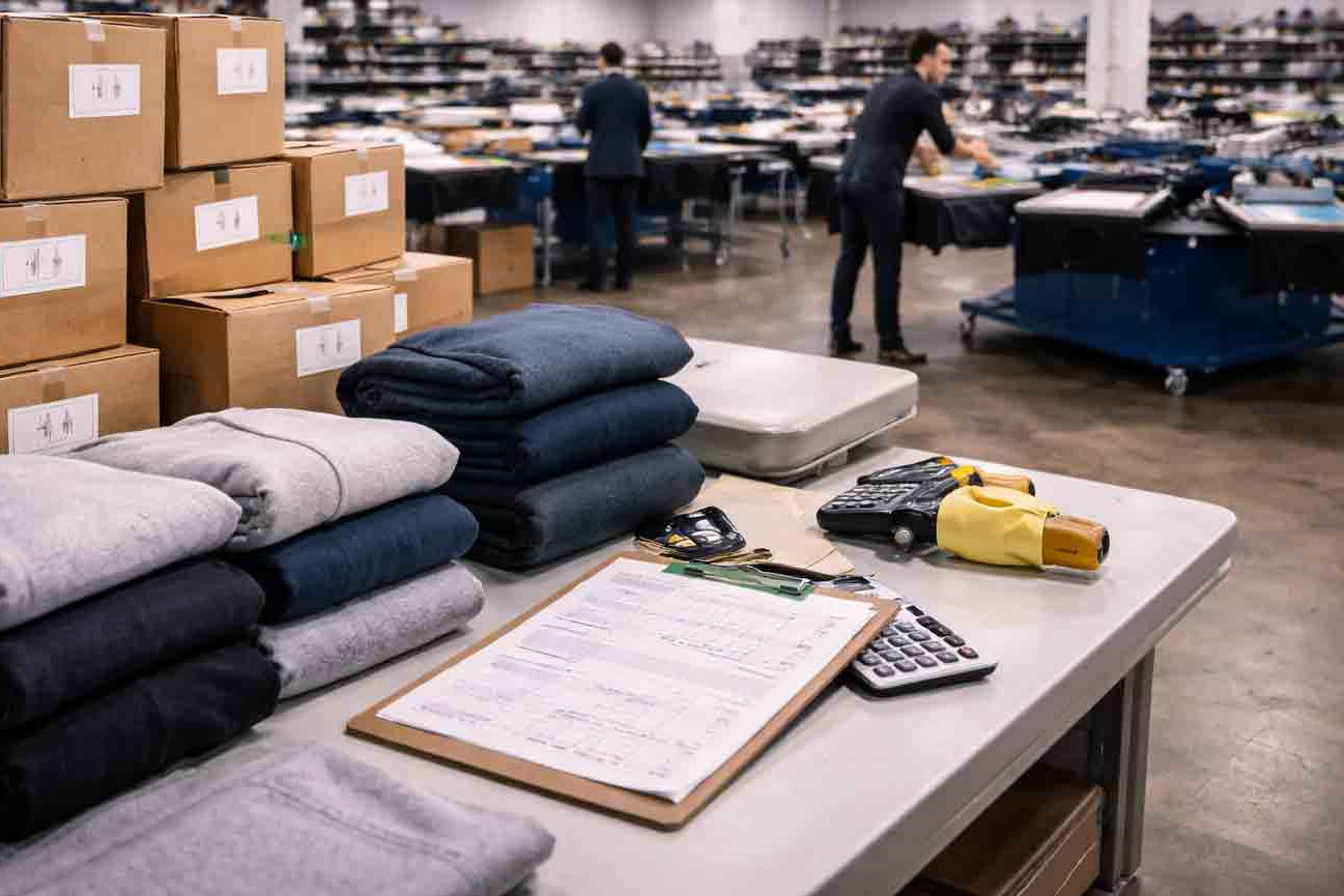 Apparel warehouse planning scene with boxed garments and production paperwork