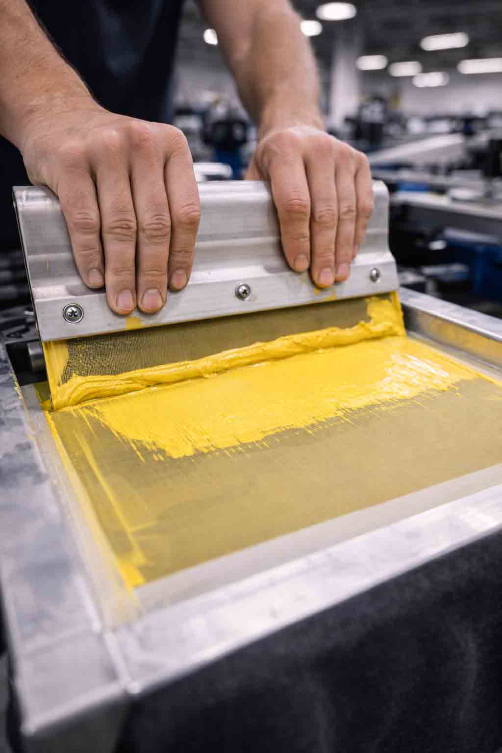 Portrait close-up of screen printing with a single ink color and squeegee