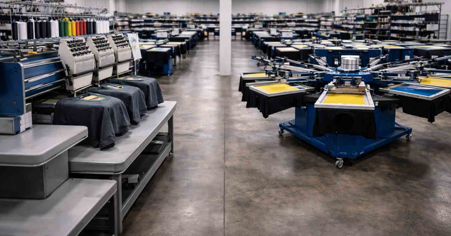Professional apparel workshop showing embroidery machine and screen printing carousel