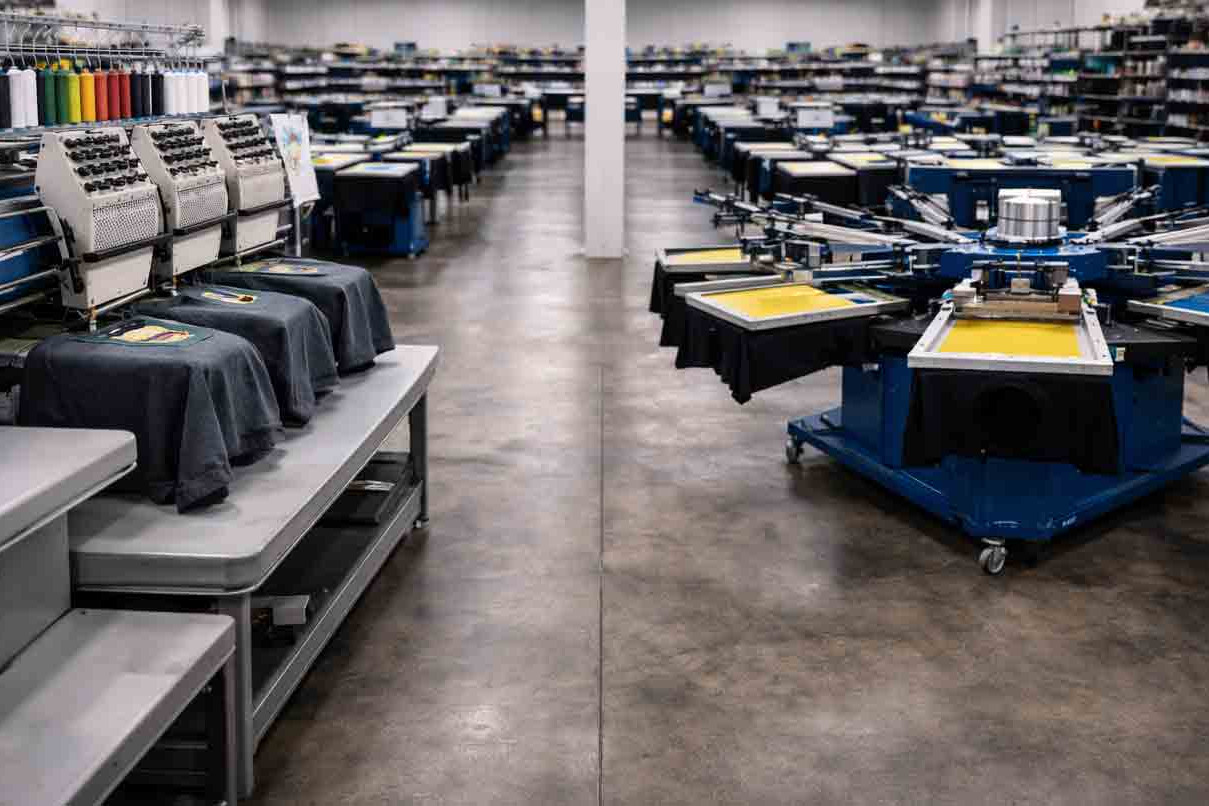 Professional apparel workshop showing embroidery machine and screen printing carousel