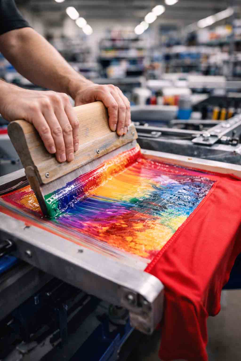 Portrait close-up of screen printing squeegee pulling ink on blue fabric
