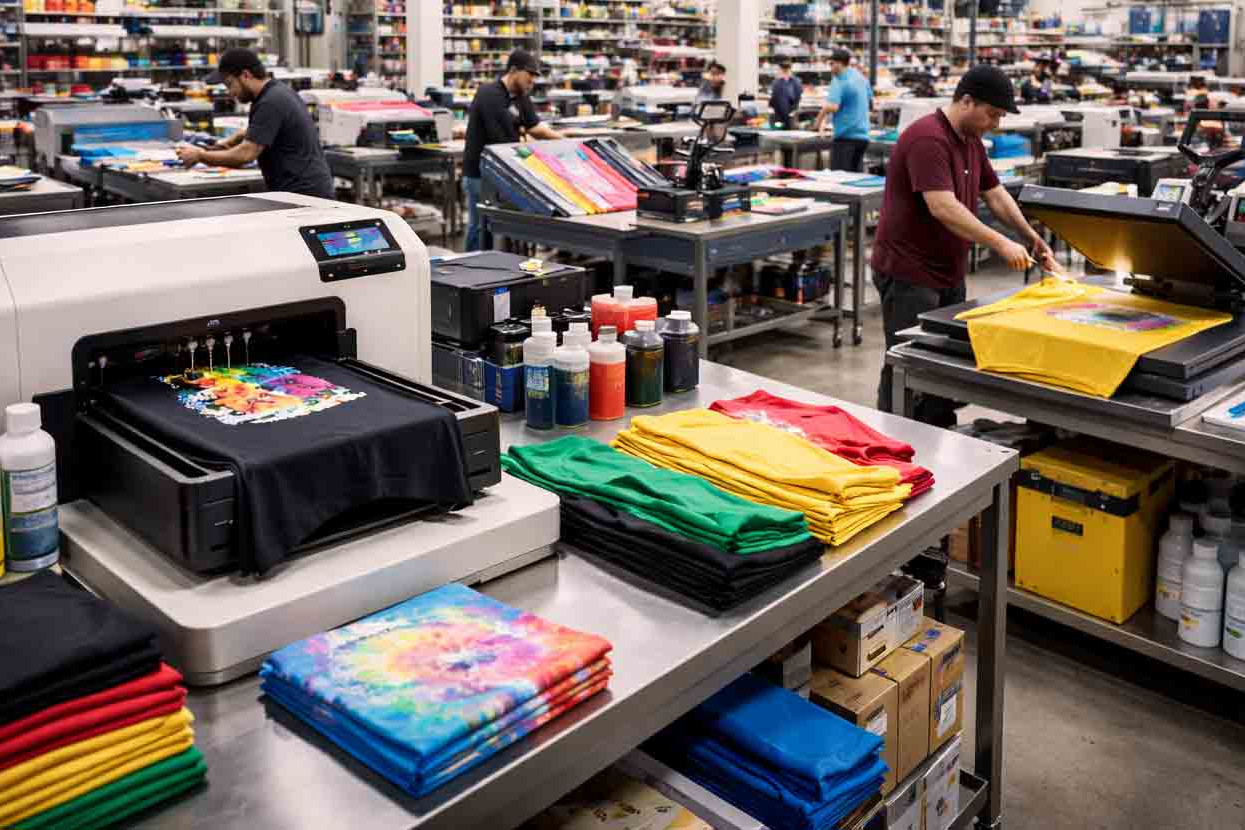 Professional textile printing facility with DTG and heat press stations and blue garments