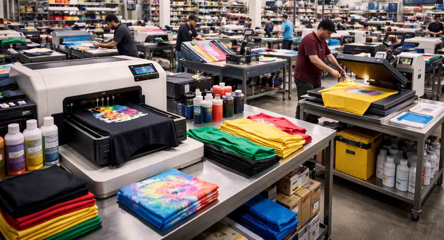Professional textile printing facility with DTG and heat press stations and blue garments