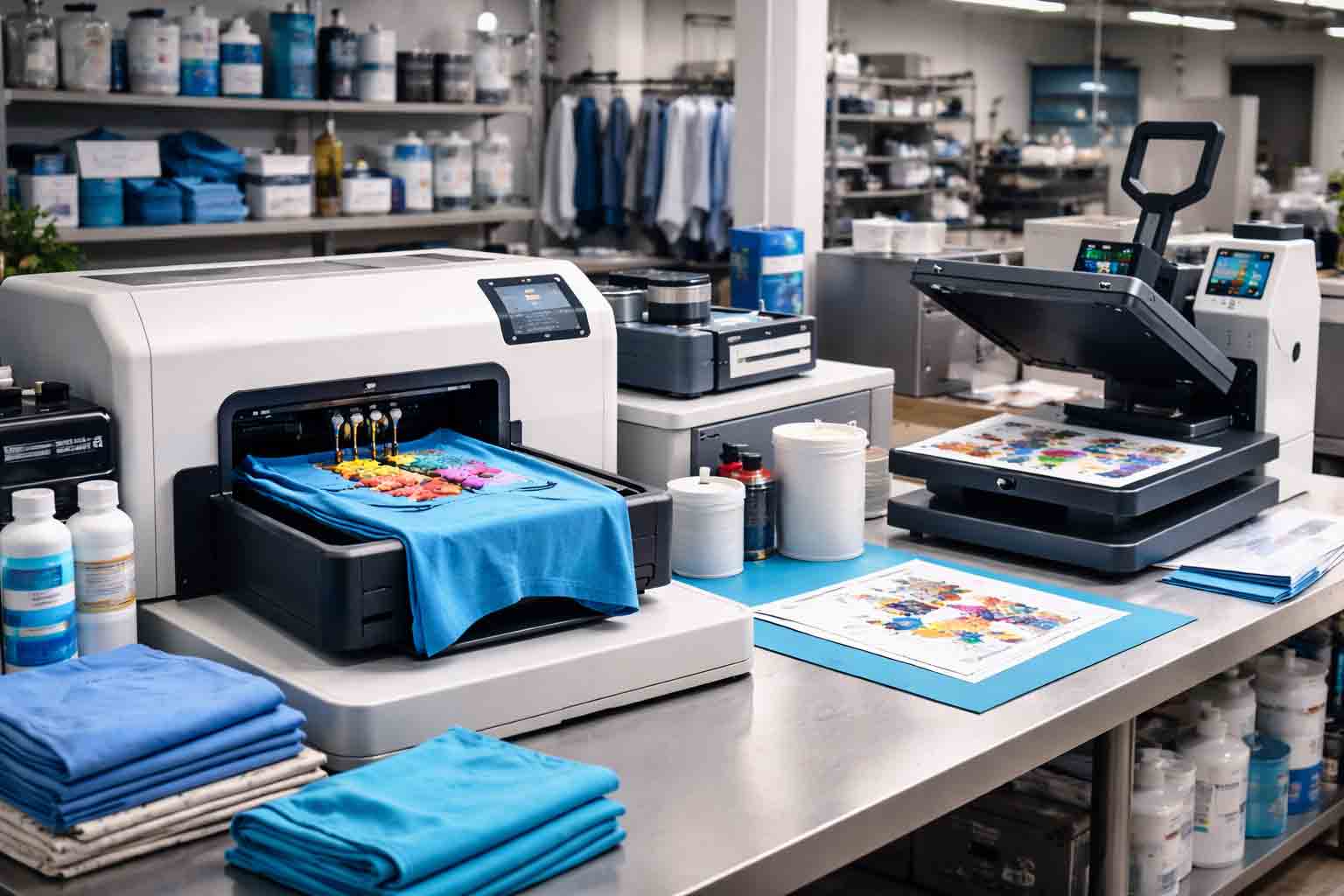 Apparel printing workspace showing DTG and transfer workflow with light-blue accents