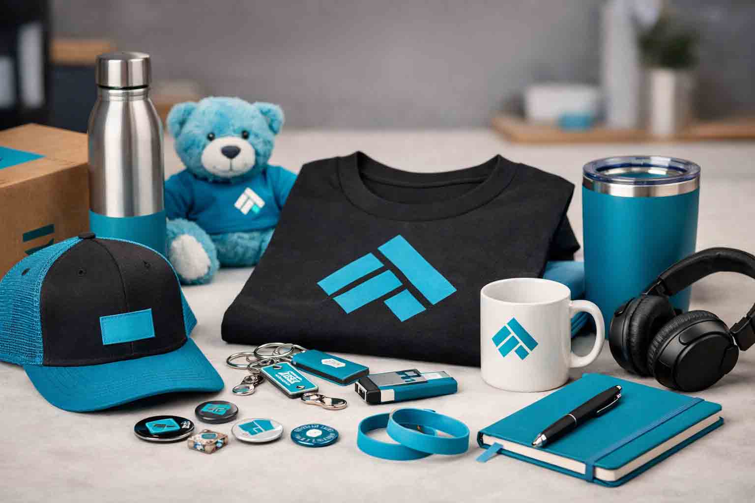Branded merchandise items on a clean studio table