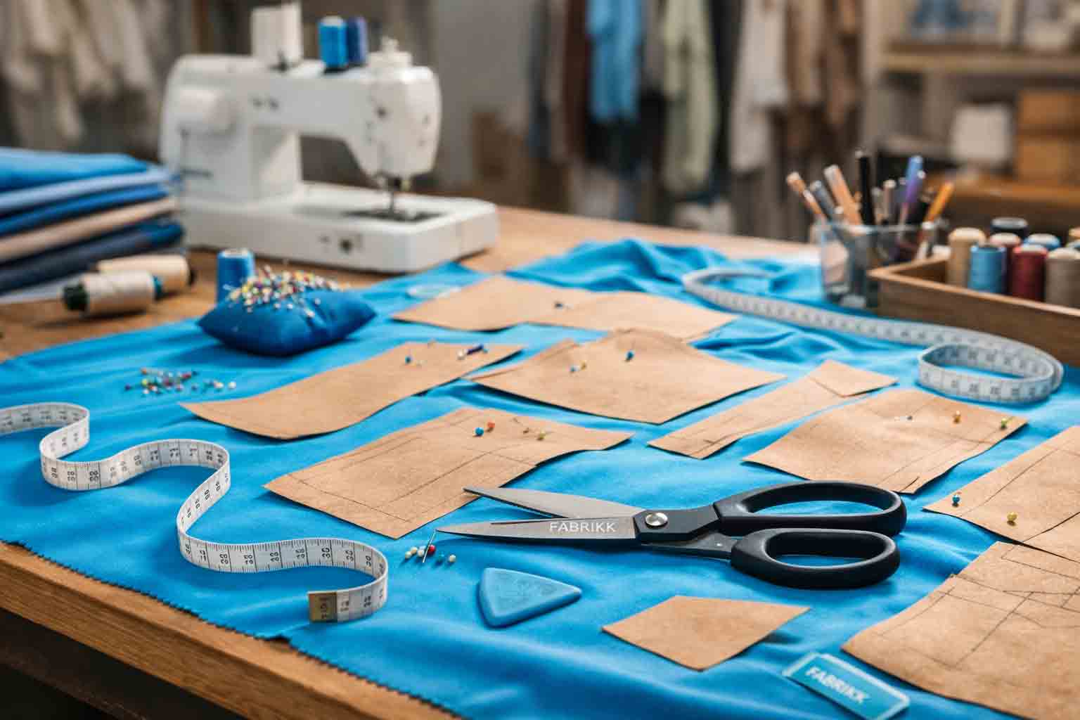 Garment production scene with fabric cutting and sewing tools in studio light