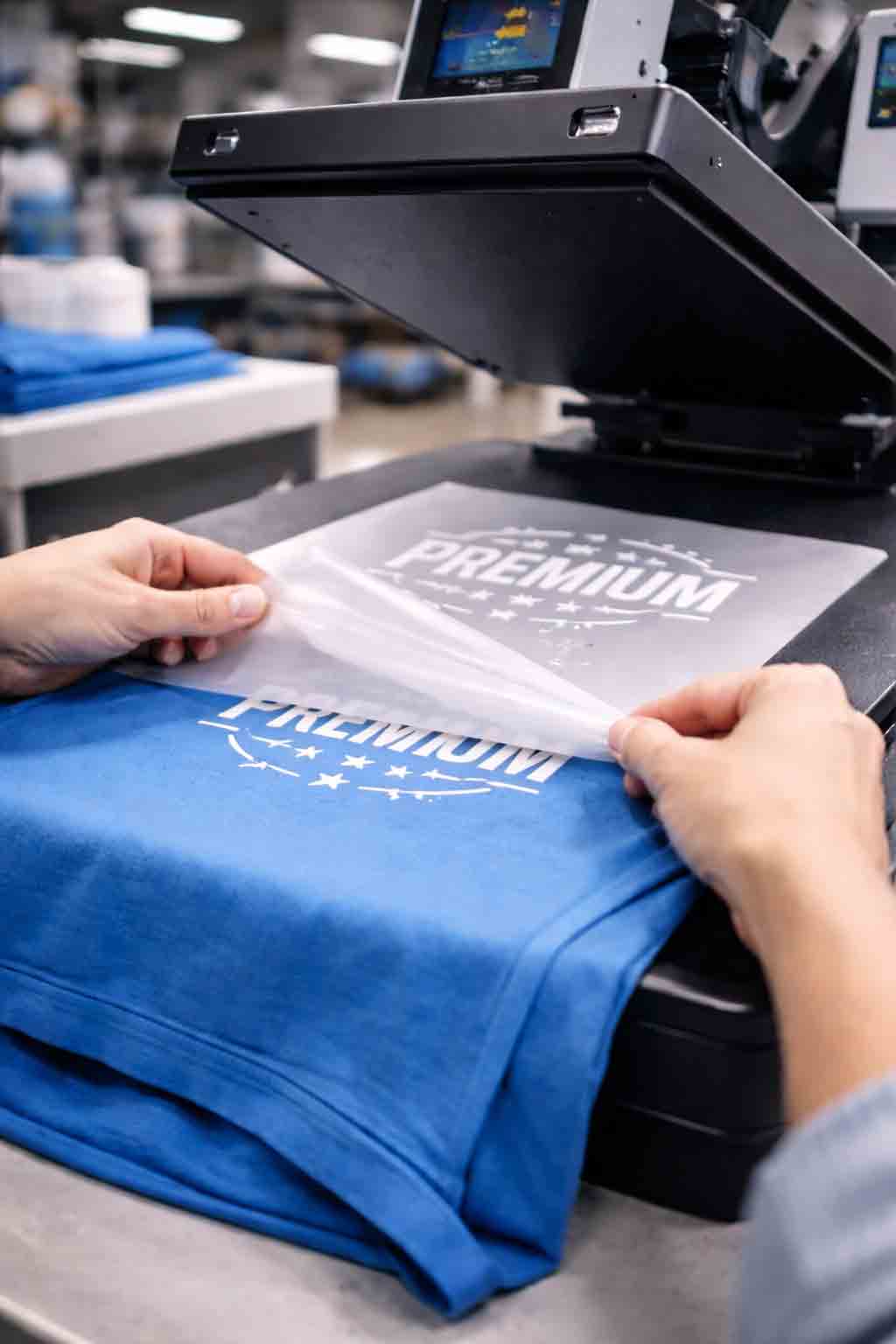 Portrait close-up of DTF transfer being heat-pressed onto blue fabric with premium texture