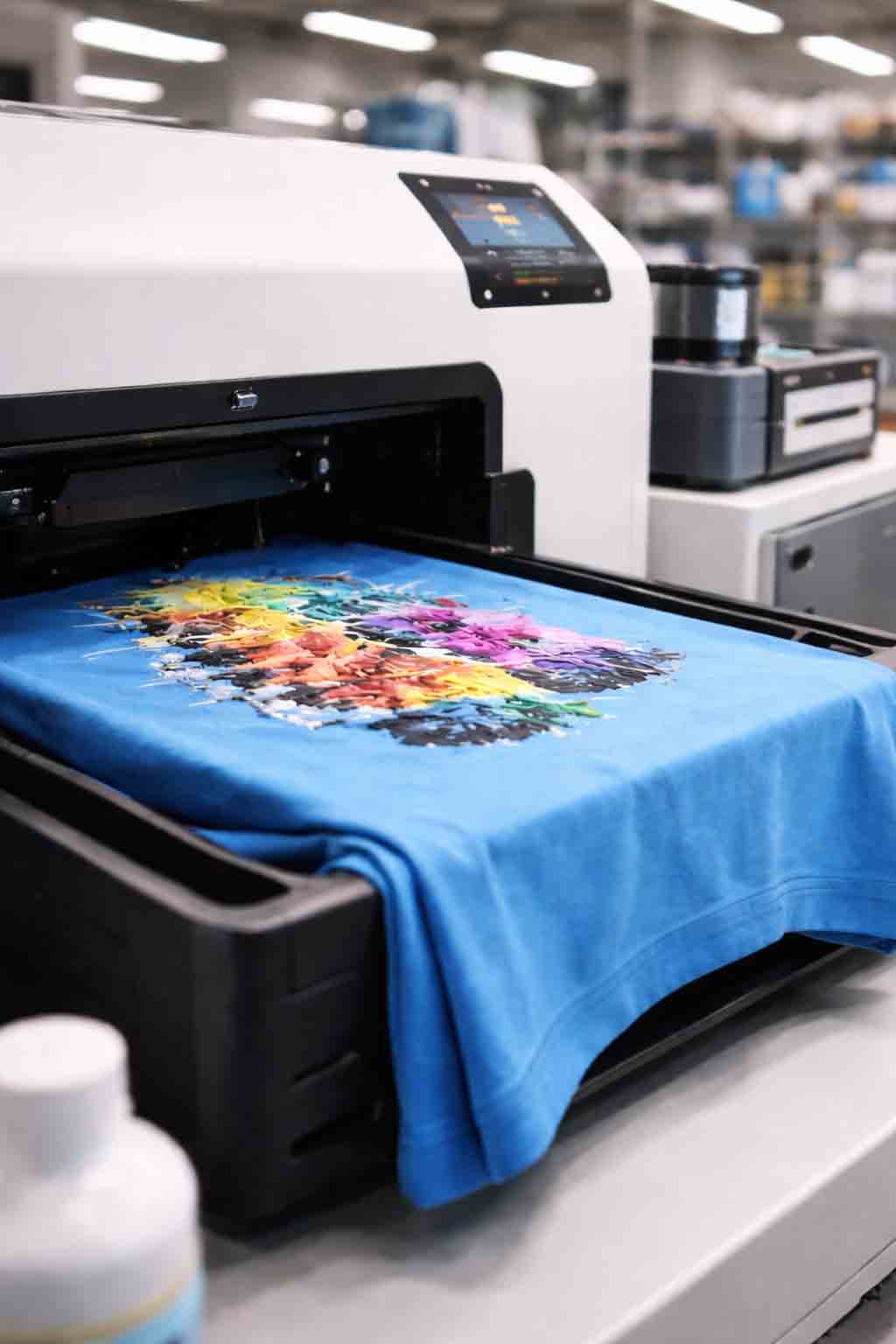 Portrait close-up of DTG printing on a blue garment with soft bokeh background