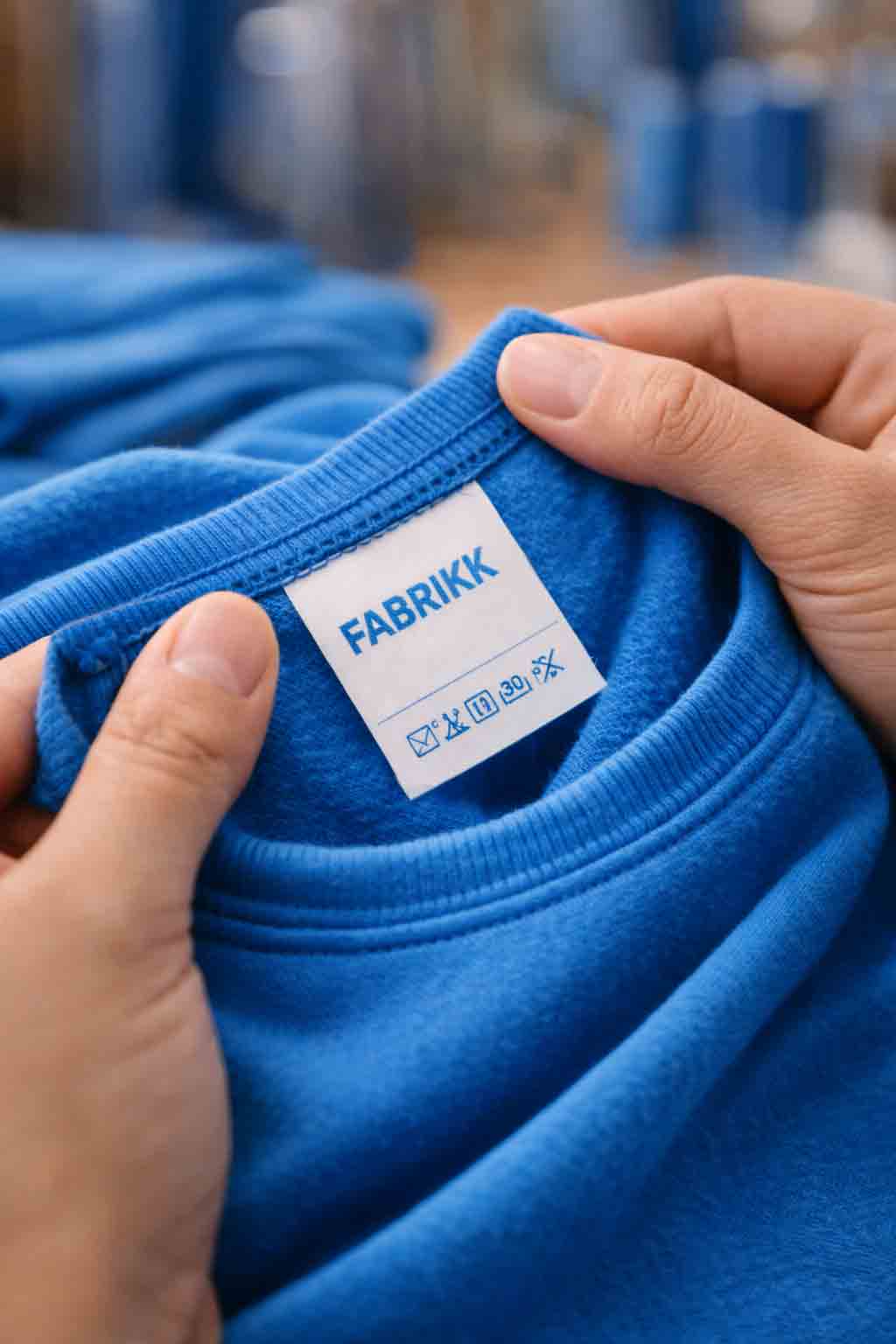 Portrait close-up of garment quality check with label and seam detail