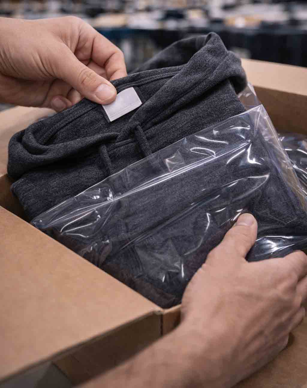 Portrait close-up of quality control hands inspecting seams and packing garments