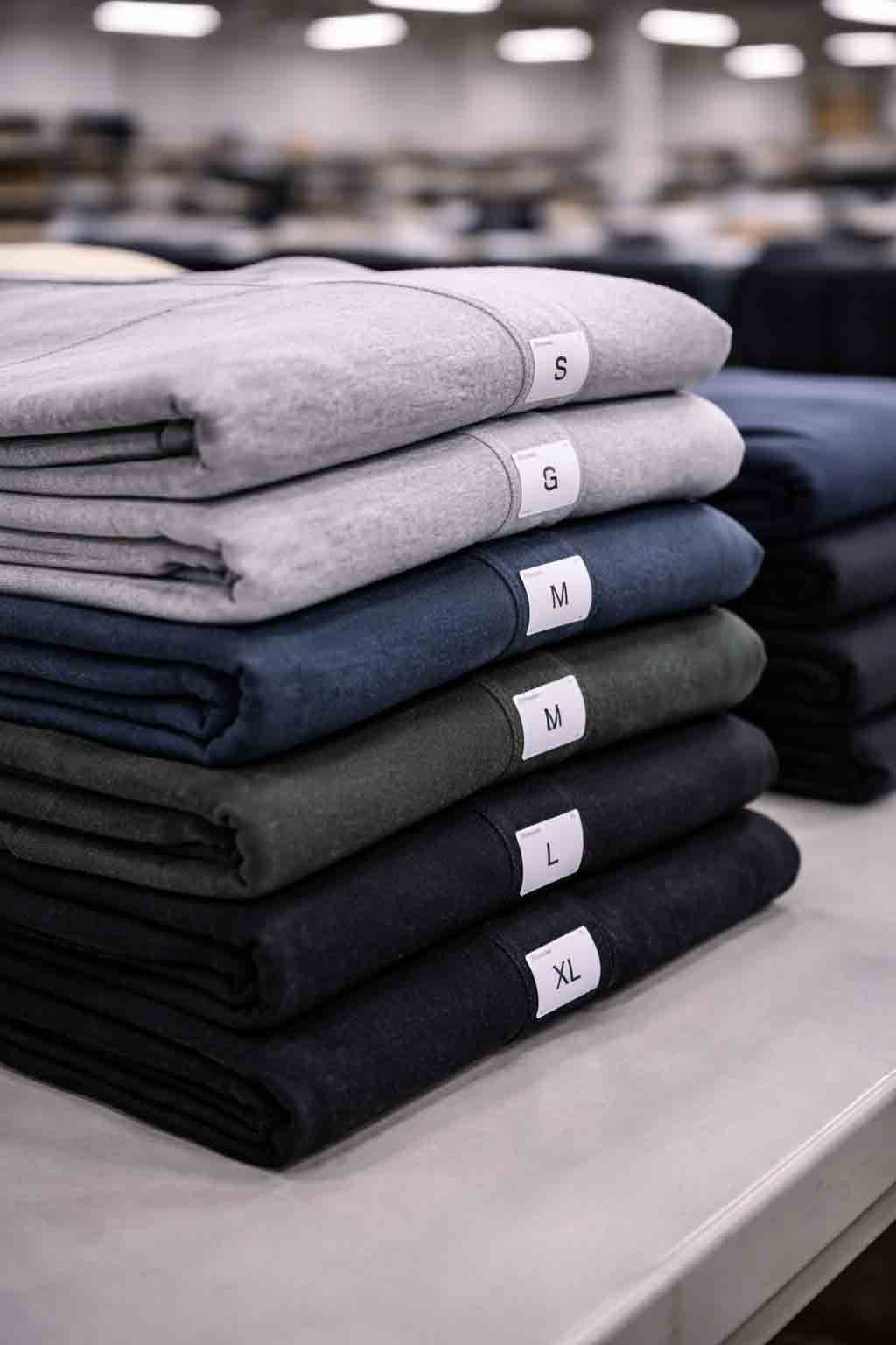 Portrait close-up of apparel size run samples neatly arranged