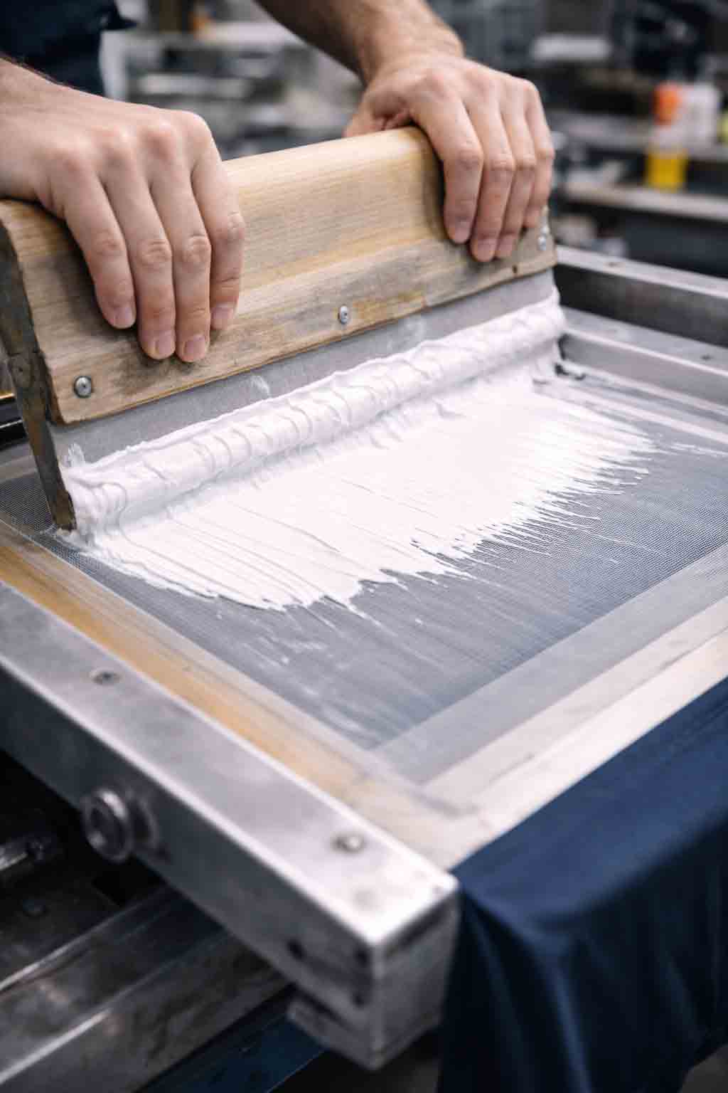Portrait close-up of squeegee pulling thick ink layer through a screen
