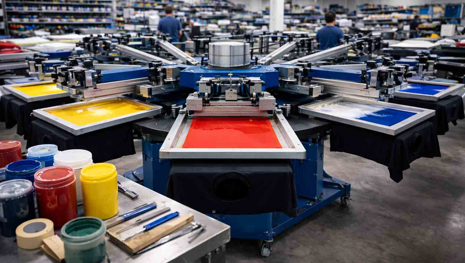 Industrial screen printing shop with a multi-station carousel and ink tools