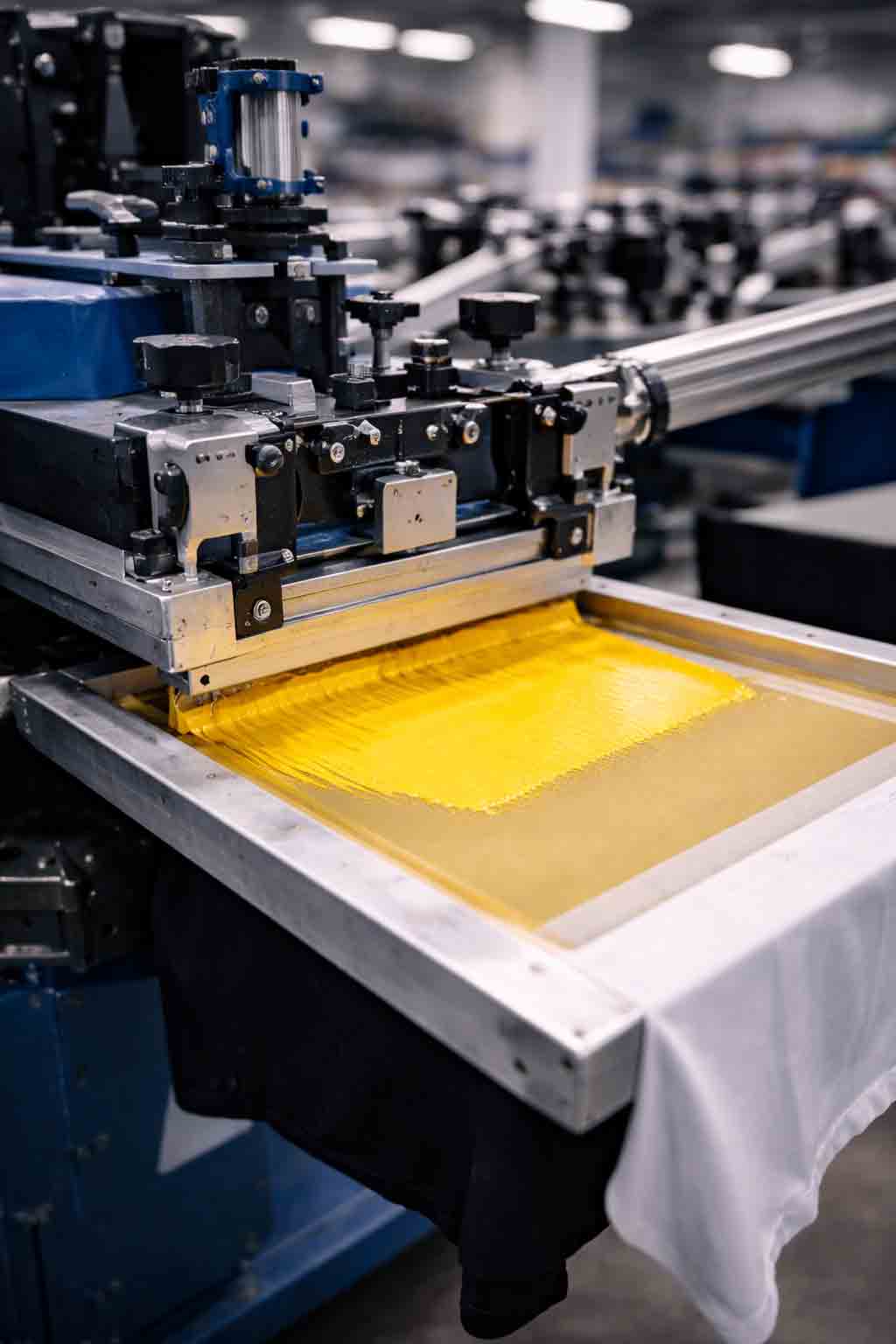 Portrait close-up of screen printing carousel clamp and screen frame detail