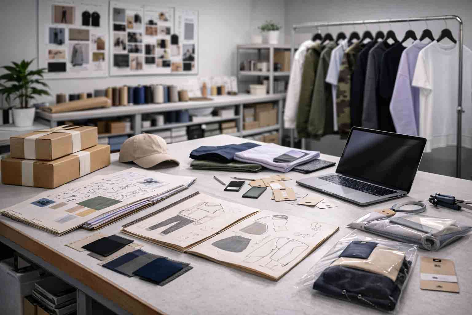 Apparel brand workspace with sketches, fabric swatches, samples, and packaging in a clean studio