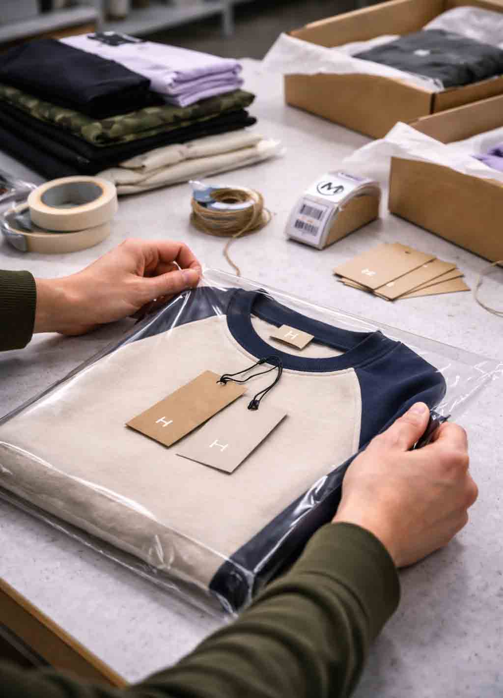 Portrait close-up of branded clothing packaging and fulfillment preparation