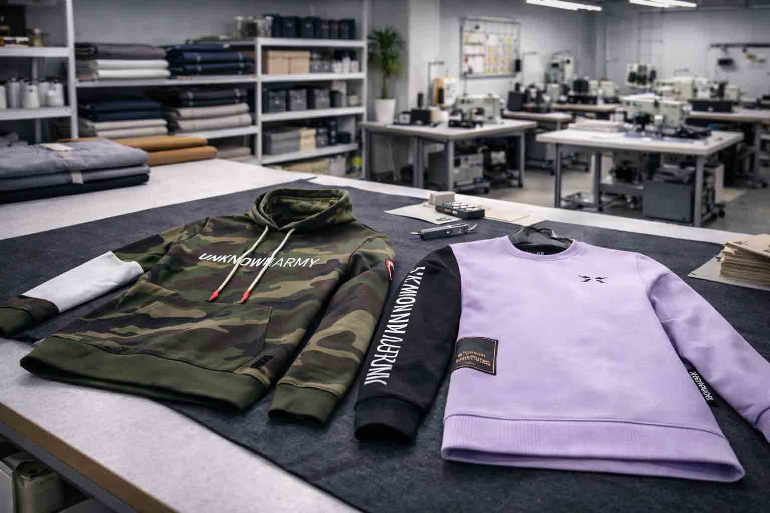 Apparel cut and sew workshop with cutting table, pattern pieces, and sewing stations