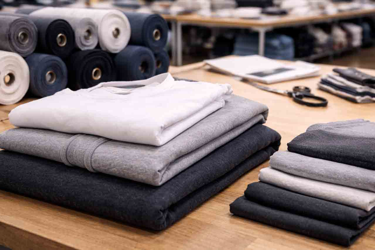 Professional textile studio showing fabric rolls and garment samples in different weights