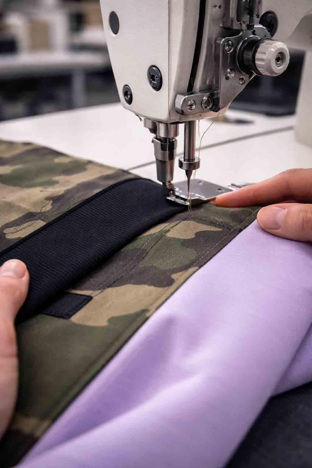 Portrait close-up of garment seam construction on an industrial sewing machine