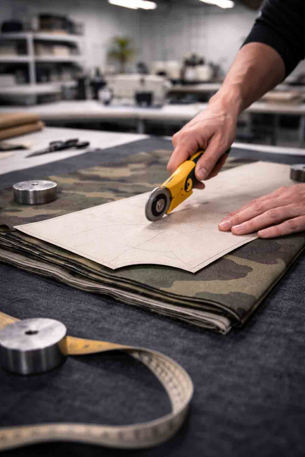 Portrait close-up of pattern cutting with fabric layers and cutting tools in a workshop