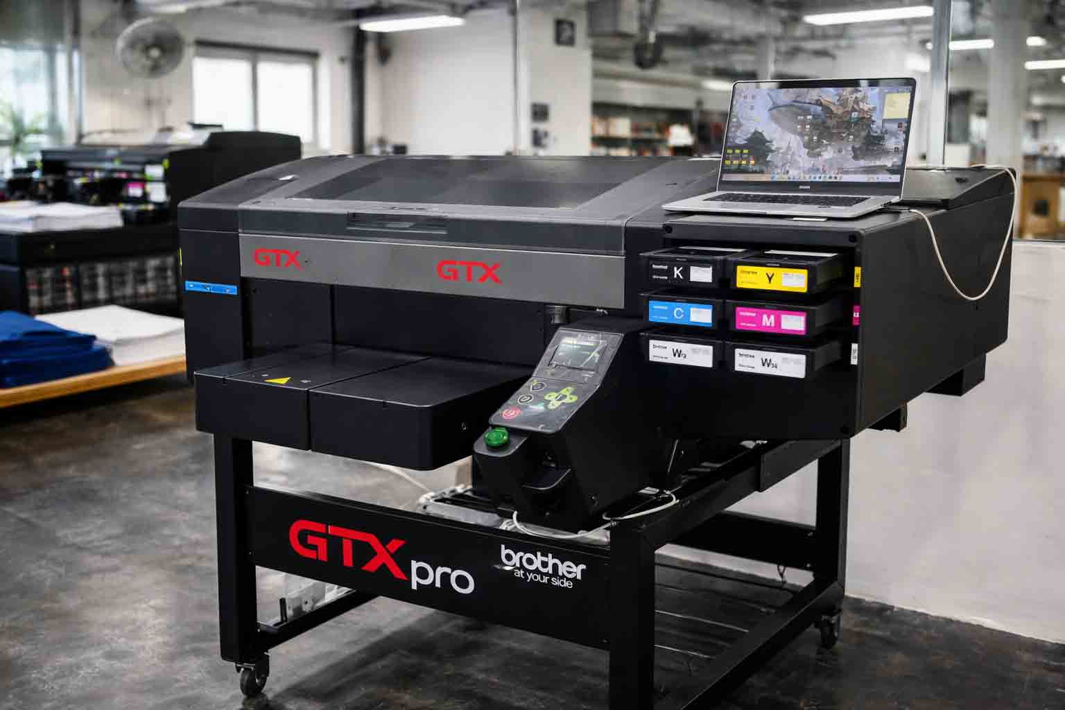 DTG printing on a premium cotton t-shirt in a bright studio